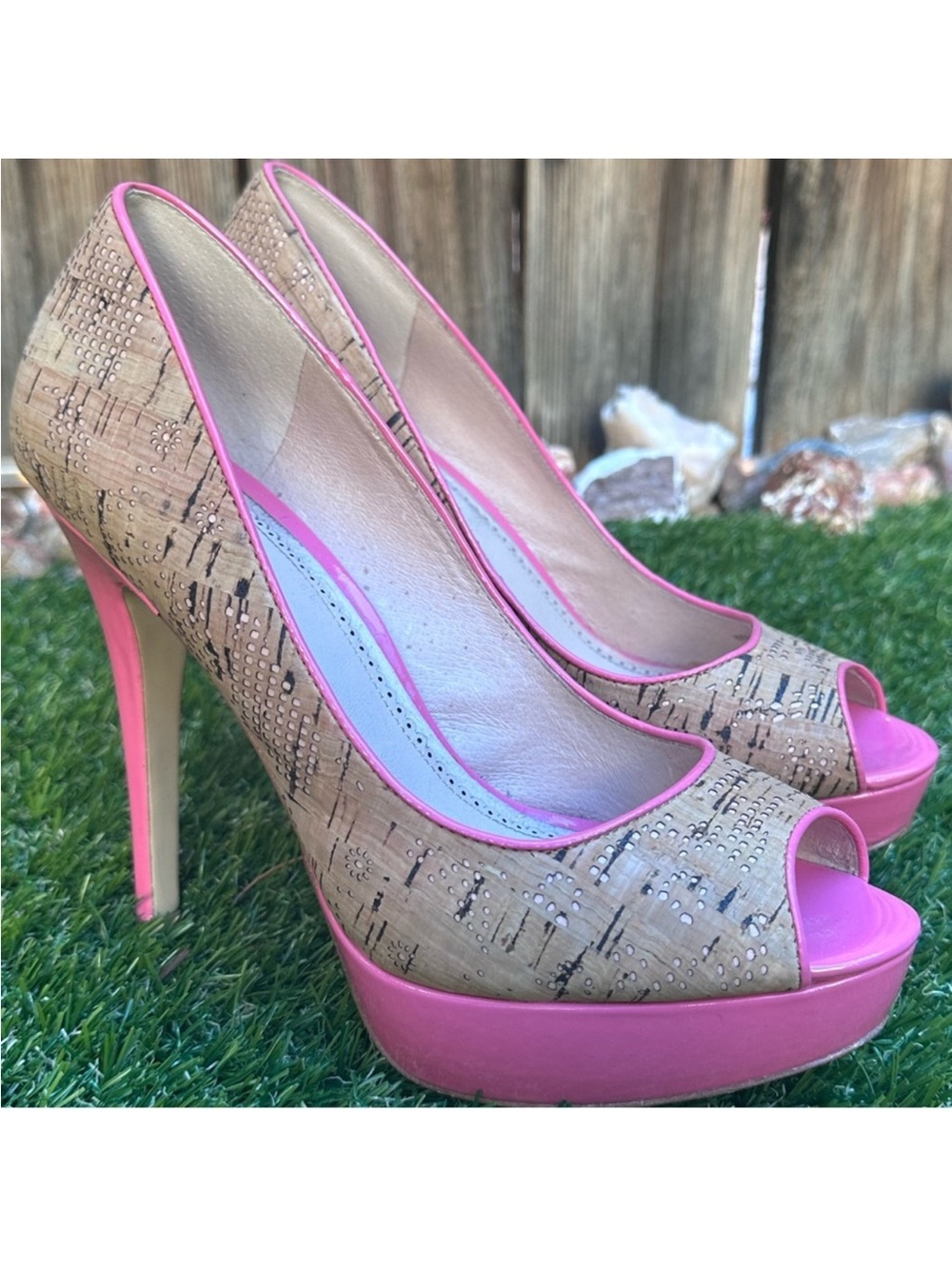 Pour La Victoire Pink Trim Cork Peep-Toe Platform Pumps